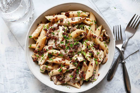 Chicken, bacon and mushroom pasta bake
