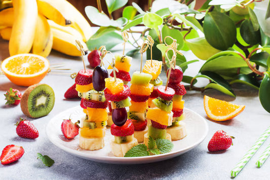 Seasonal summer fruit kebab with coconut yoghurt dip