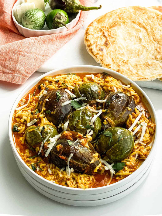 Aubergine and paneer curry